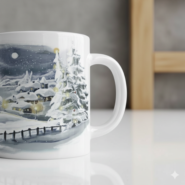 zbliżenie - Kubek ceramiczny „Zimowa Sceneria” – świąteczny kubek z motywem Bożego Narodzenia