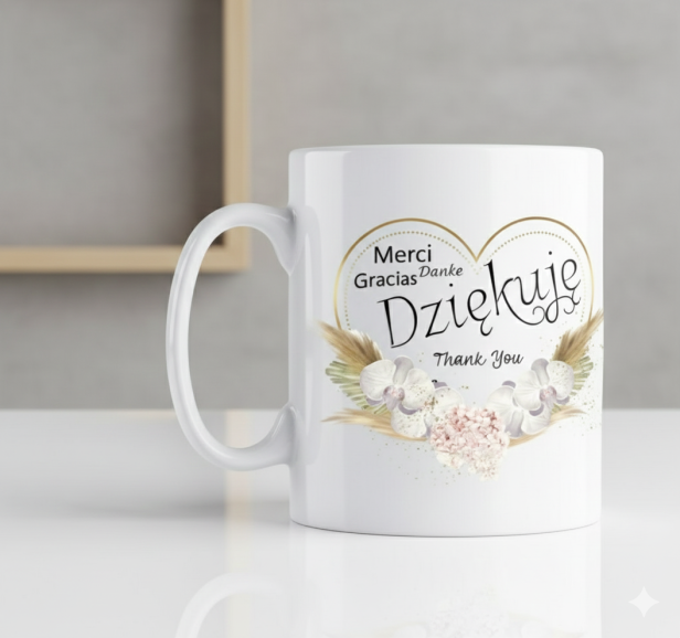 zbliżenie - Kubek Dziękówka „Dziękuję” – pamiątka podziękowania | SacrumStyle