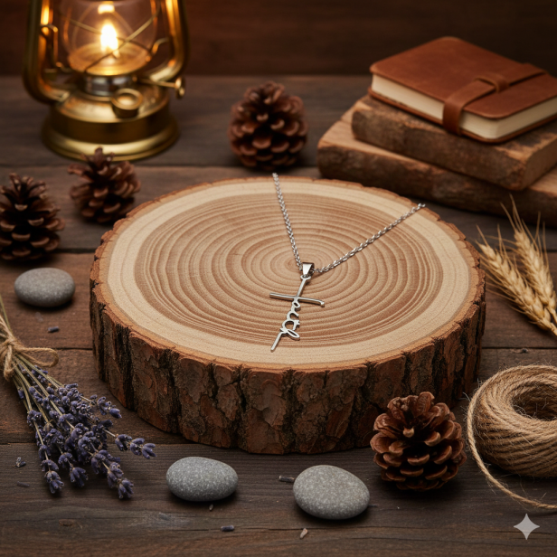 aranżacja rustykalna - Naszyjnik z napisem Faith i krzyżykiem – stal nierdzewna (Stainless Steel)