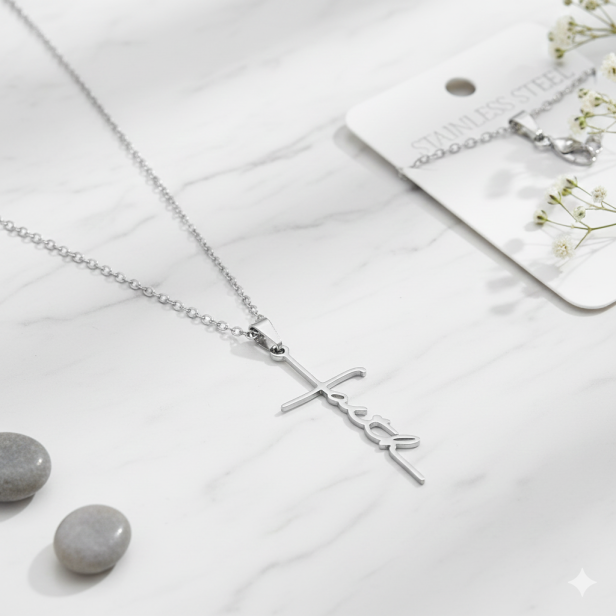 Naszyjnik z napisem Faith i krzyżykiem – stal nierdzewna (Stainless Steel)