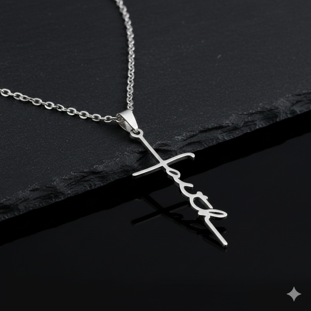 zbliżenie - Naszyjnik z napisem Faith i krzyżykiem – stal nierdzewna (Stainless Steel)