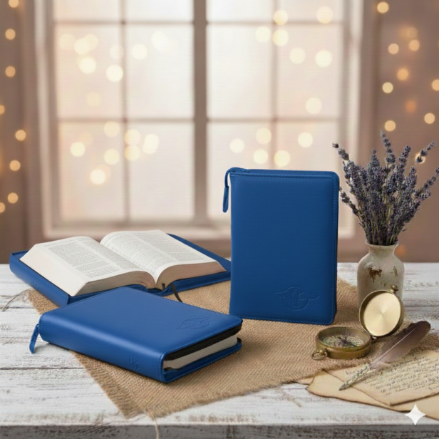 Aranżacja rustykalna -  Pismo Święte Biblia Paulistów – wydanie z kolorową wkładką i atlasem w niebieskim etui na suwak