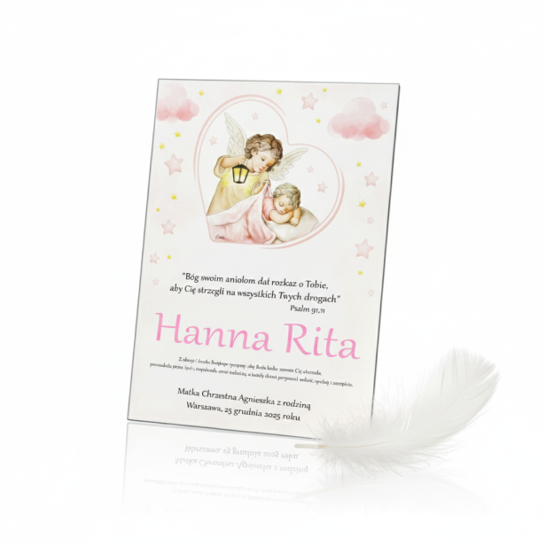 Obraz sakralny – Anioł Stróż z Latarenką Baby Pink 20×25 cm | Linia ICONIC™