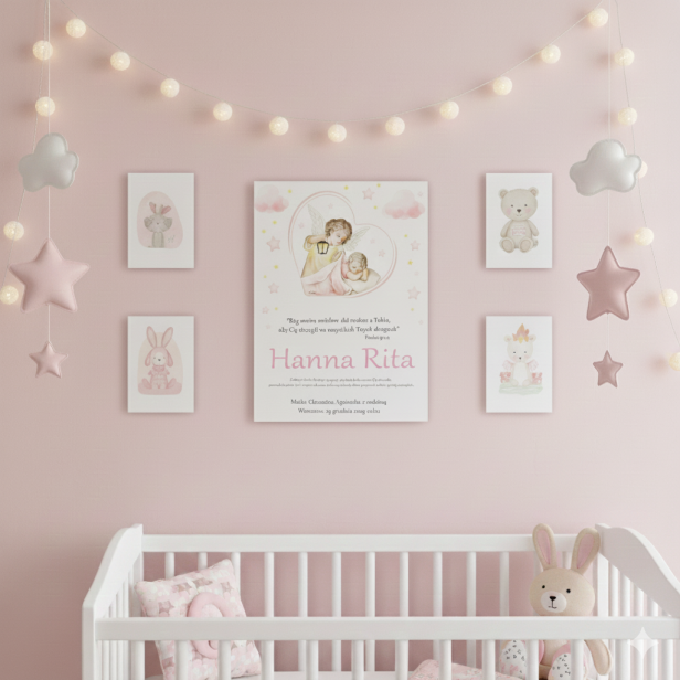 Obrazek zawieszony na ścianie w pokoju dziecięcym - Obraz sakralny – Anioł Stróż z Latarenką Baby Pink 20×25 cm | Linia ICONIC™