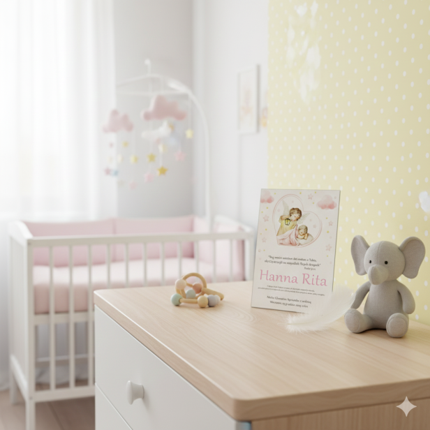 Obrazke posatwiony na komodzie - Obraz sakralny – Anioł Stróż z Latarenką Baby Pink 20×25 cm | Linia ICONIC™