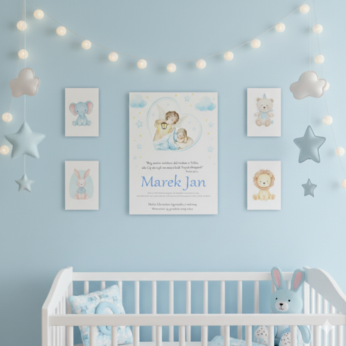 Wersja Baby Blue – tło z gwiazdkami i chmurkami, elegancki motyw dziecięcy