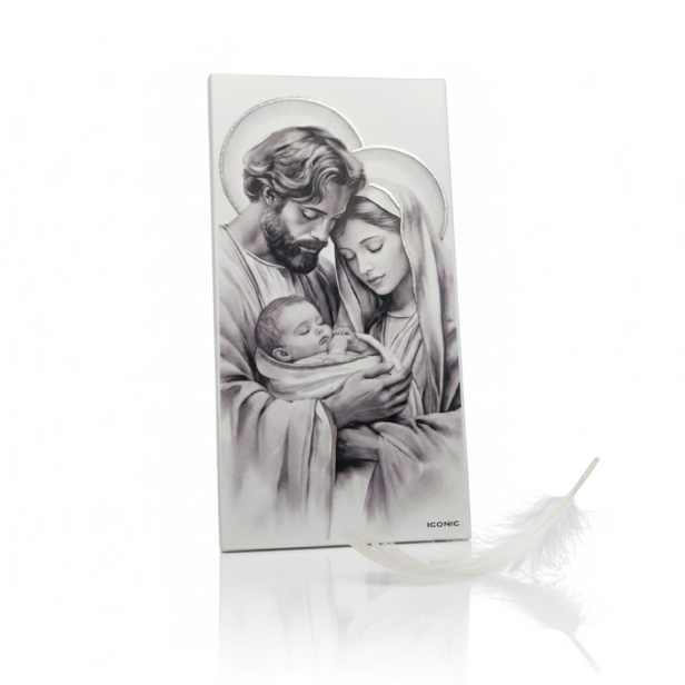 Obraz sakralny ICONIC™ – Święta Rodzina „Srebrne Aureole” 12,5×24,5 cm | efekt 3D