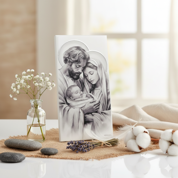Obraz sakralny ICONIC™ – Święta Rodzina „Srebrne Aureole” 12,5×24,5 cm | efekt 3D w aranżacji
