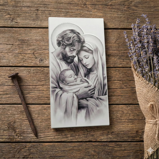 Obraz sakralny ICONIC™ Święta Rodzina – widok frontowy, srebrzone aureole.