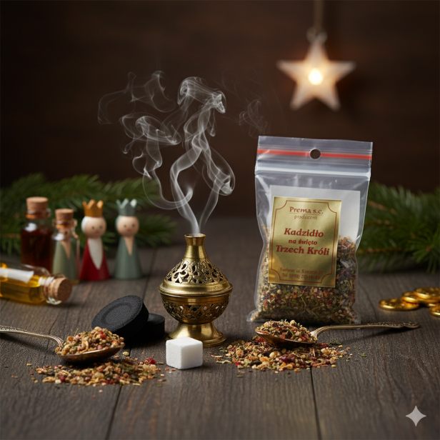 Kadzidło żywiczne na Święto Trzech Króli – zestaw z węgielkiem i kredą, aranżacja świąteczna przy żłóbku, kadzidło żywiczne ORSZAK