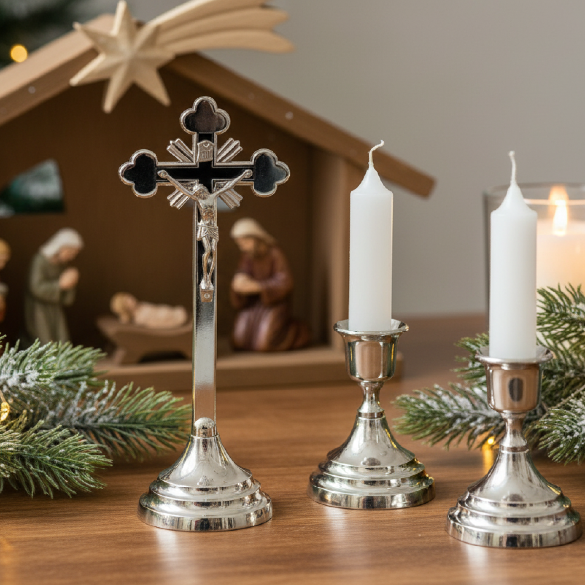 aranżacja Komplet kolędowy metalowy tradycyjny – krzyż i świeczniki w zestawie