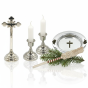 Zestaw kolędowy - krzyż, świeczki z lichtarzykami, miseczka i kropidło