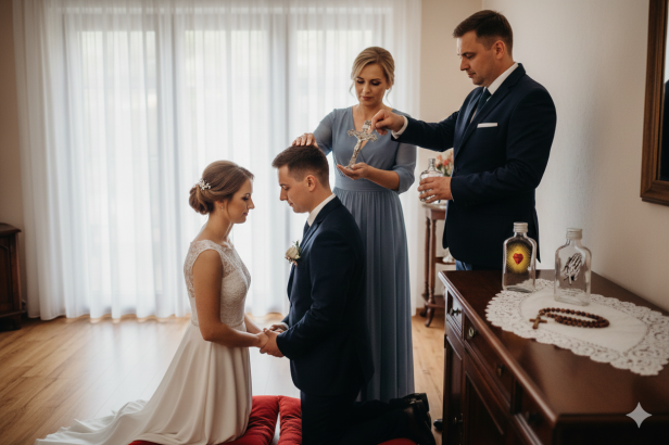 Błogosławieństwo Pary Młodej - Buteleczka na wodę święconą MODLITWA – szklany pojemnik 100 ml do kolędy i błogosławieństw