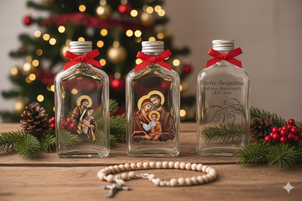 Aranżacja świąteczna -Buteleczka na wodę święconą RODZINA ŚWIĘTA – szklana 100 ml z personalizacją