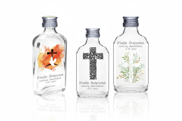 Buteleczka na wodę święconą KRZYŻ ŚWIĘTY – szklana 100 ml, personalizacja