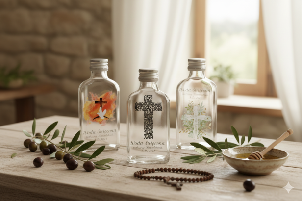 w aranżacji - Buteleczka na wodę święconą KRZYŻ ŚWIĘTY – szklana 100 ml, personalizacja