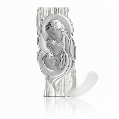 Obrazek srebrny Święta Rodzina na drewnie Shabby Chic – pionowy | SILVER SHABBY™