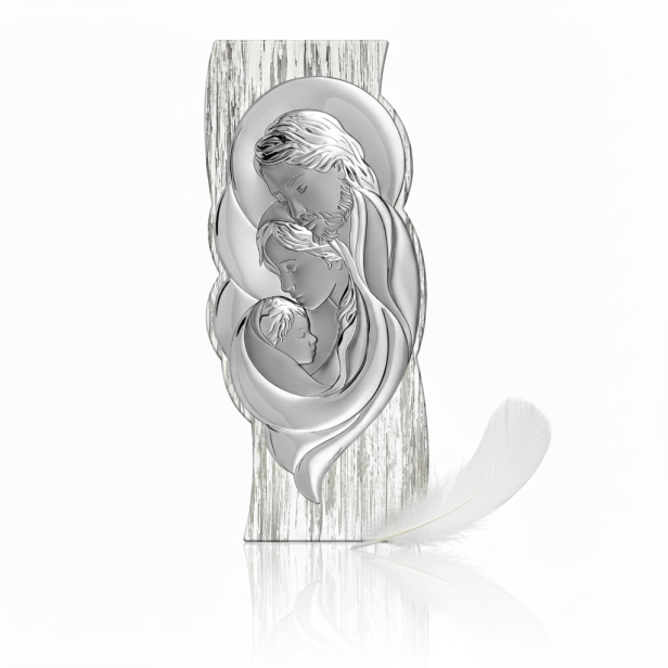 Obrazek srebrny Święta Rodzina na drewnie Shabby Chic – pionowy | SILVER SHABBY™