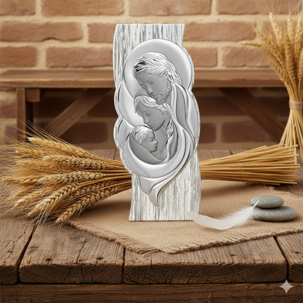 Obrazek srebrny Święta Rodzina na drewnie Shabby Chic – pionowy | SILVER SHABBY™