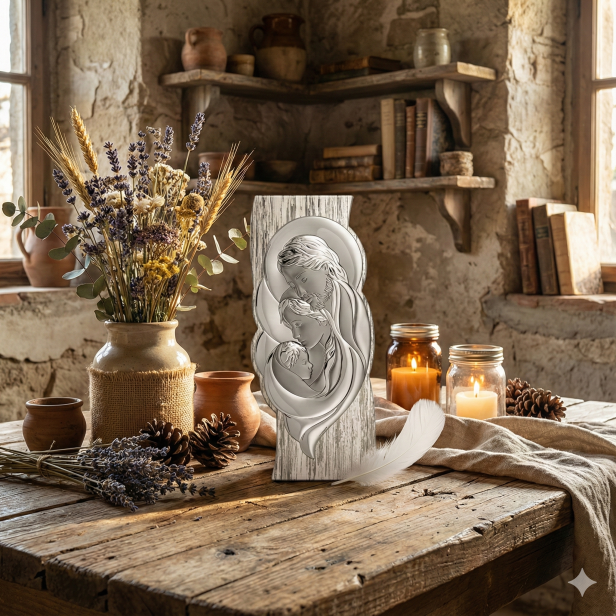 Obrazek srebrny Święta Rodzina na drewnie Shabby Chic – pionowy | SILVER SHABBY™