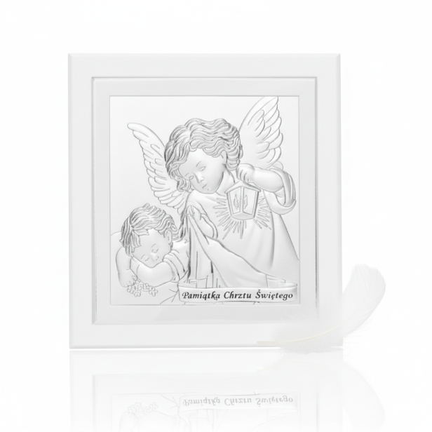Obrazek srebrny Anioł Stróż z latarenką Biały 19×19 – Pamiątka Chrztu Świętego | SILVER BAPTISM™