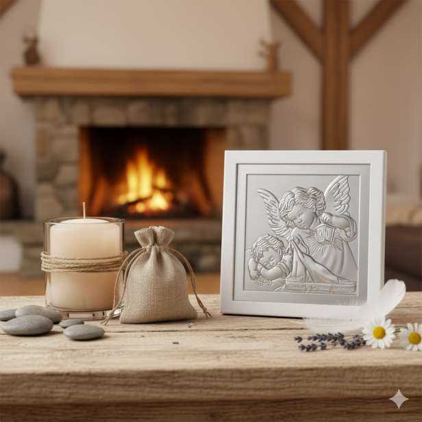 Obrazek srebrny Anioł Stróż z latarenką Biały 19×19 – Pamiątka Chrztu Świętego | SILVER BAPTISM™ w aranżacji