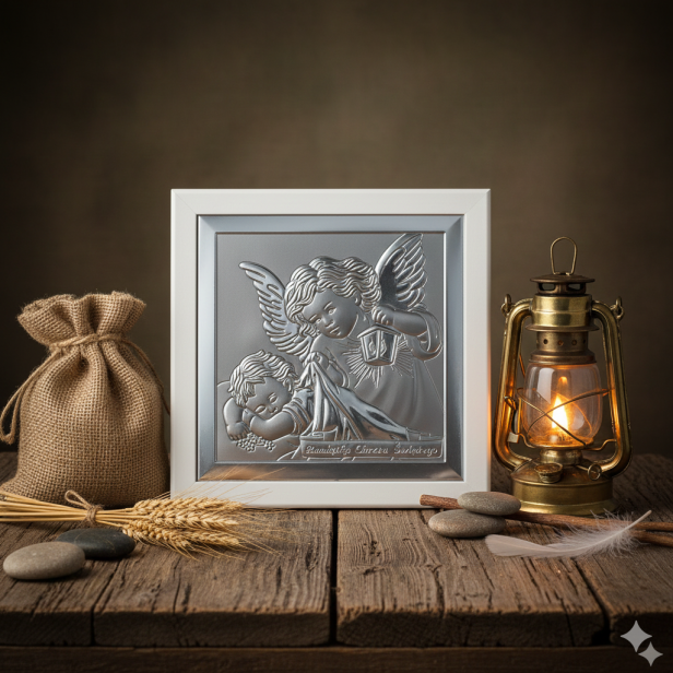 w aranżacji Obrazek srebrny Anioł Stróż z latarenką Biały 19×19 – Pamiątka Chrztu Świętego | SILVER BAPTISM™