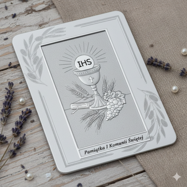 Zbliżenie - Obrazek srebrny I Komunia Święta dla dziewczynki 9×13,5 cm – pamiątka komunijna | SILVER COMMUNIO™