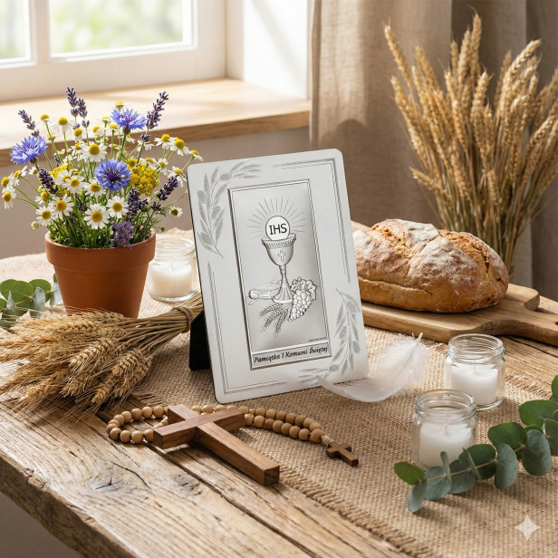 aranżacja rustykalno-komunijna - Obrazek srebrny I Komunia Święta dla dziewczynki 9×13,5 cm – pamiątka komunijna | SILVER COMMUNIO™