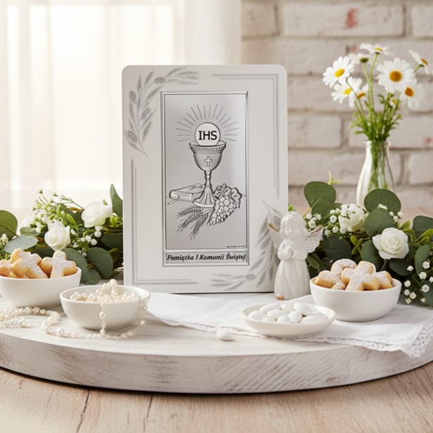 w aranżacji komunijnej - Obrazek srebrny I Komunia Święta dla dziewczynki 9×13,5 cm – pamiątka komunijna | SILVER COMMUNIO™