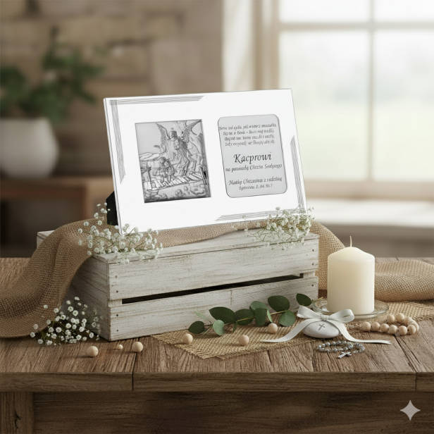 Obrazek srebrny 20×25 cm – Anioł Stróż „Dzieci na mostku” z grawerem | SILVER BAPTISM™ aranzacja