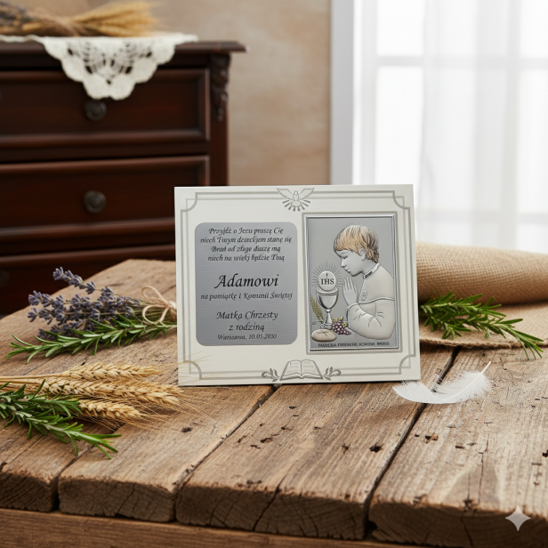 Obrazek srebrny na I Komunię Świętą – chłopiec, panel z grawerem 18×13 cm | SILVER COMMUNIO™ aranzacja