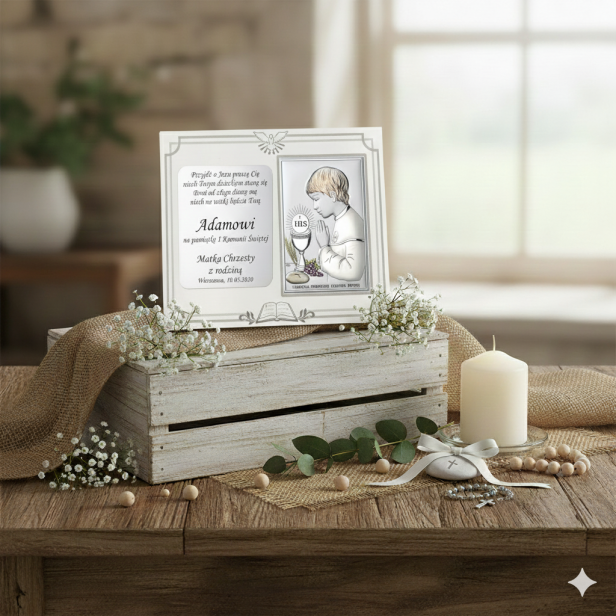 Obrazek srebrny na I Komunię Świętą – chłopiec, panel z grawerem 18×13 cm | SILVER COMMUNIO™