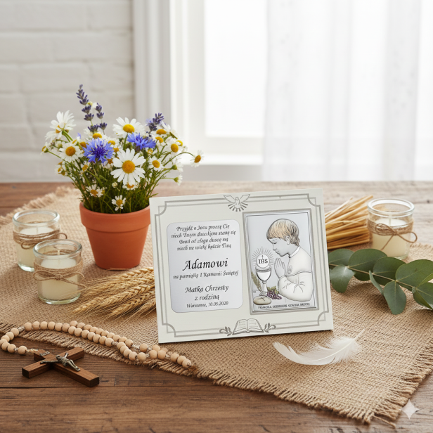 Obrazek srebrny na I Komunię Świętą – chłopiec, panel z grawerem 18×13 cm | SILVER COMMUNIO™ w aranzacji