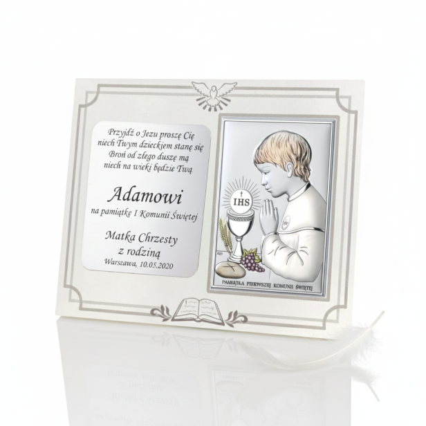 Obrazek srebrny na I Komunię Świętą – chłopiec, panel z grawerem 18×13 cm | SILVER COMMUNIO™