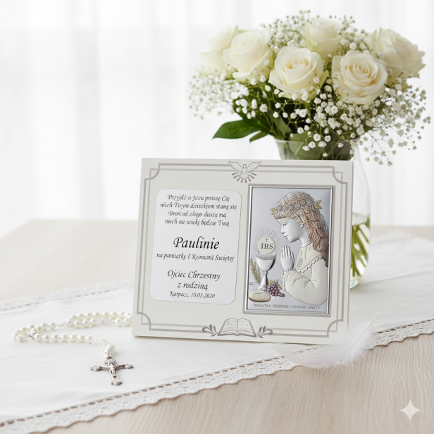 aranżacja komunijna -  Obrazek srebrny – Pamiątka I Komunii Świętej dla dziewczynki z grawerem | SILVER COMMUNIO™