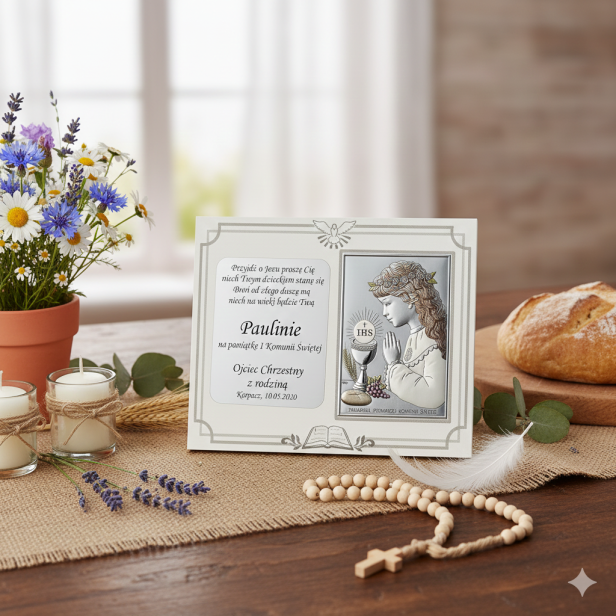 Obrazek srebrny – Pamiątka I Komunii Świętej dla dziewczynki z grawerem | SILVER COMMUNIO™ w aranzacji
