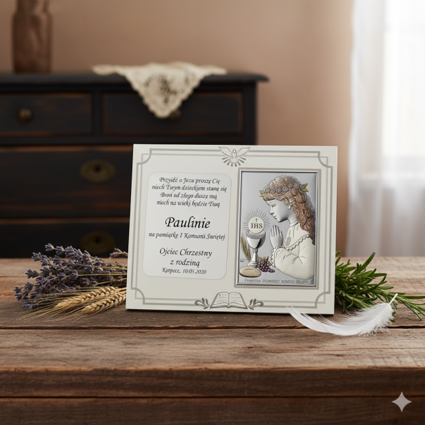 Obrazek srebrny – Pamiątka I Komunii Świętej dla dziewczynki z grawerem | SILVER COMMUNIO™ aranżacja