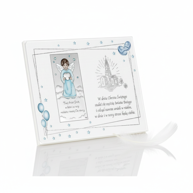 Obrazek srebrny Anioł Stróż – niebieski panel z modlitwą | SILVER BAPTISM™