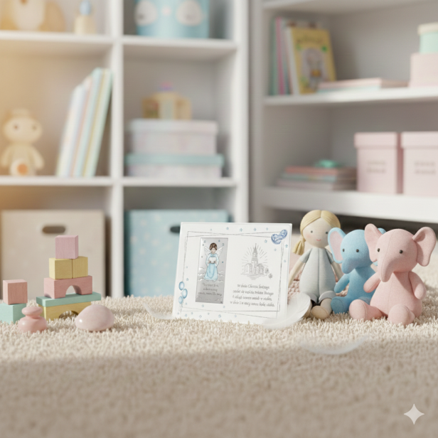 w pokoju malego księcia aranzacja - Obrazek srebrny Anioł Stróż – niebieski panel z modlitwą | SILVER BAPTISM™