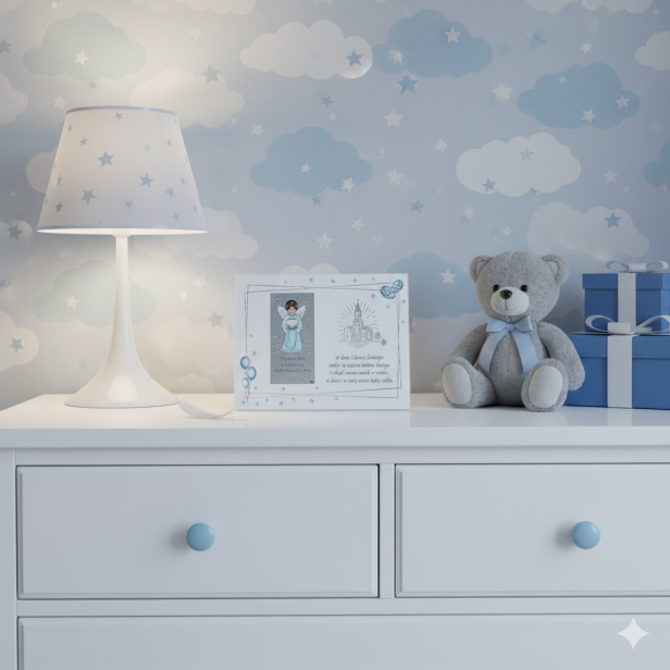 błękitna aranżacja na komodzie - Obrazek srebrny Anioł Stróż – niebieski panel z modlitwą | SILVER BAPTISM™