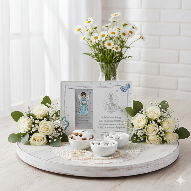 uroczystość Chrztu Świętego - aranżacja dla Obrazek srebrny Anioł Stróż – niebieski panel z modlitwą | SILVER BAPTISM™