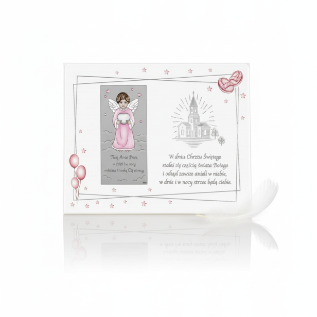 Obrazek srebrny Anioł Stróż z modlitwą – różowy 24×18 | SILVER BAPTISM™