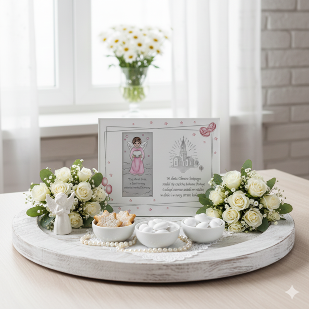 aranżacja podczas Chrztu Świętego - Obrazek srebrny Anioł Stróż z modlitwą – różowy 24×18 | SILVER BAPTISM™