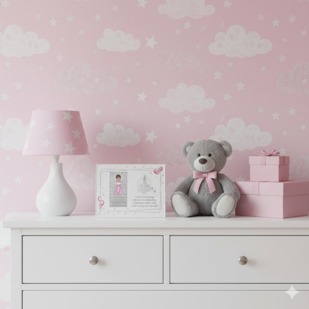 Pastelowy pokój i obrazek aranżacja - Obrazek srebrny Anioł Stróż z modlitwą – różowy 24×18 | SILVER BAPTISM™