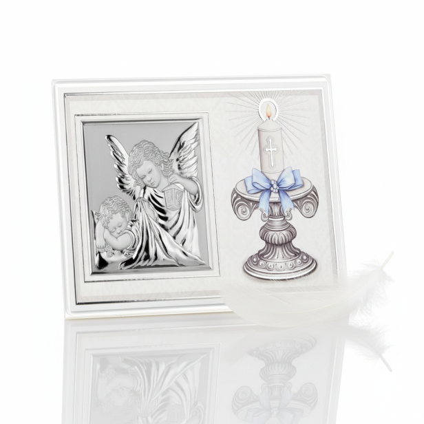 Obrazek srebrny Anioł Stróż na białym panelu 17,5×11,5 | SILVER BAPTISM™