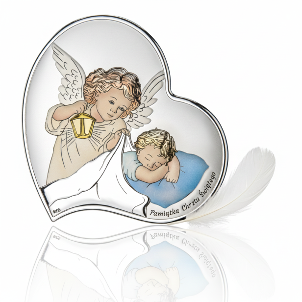 Obrazek srebrny Anioł Stróż nad dzieciątkiem – serce 11×11 cm (niebieski) | SILVER BAPTISM™