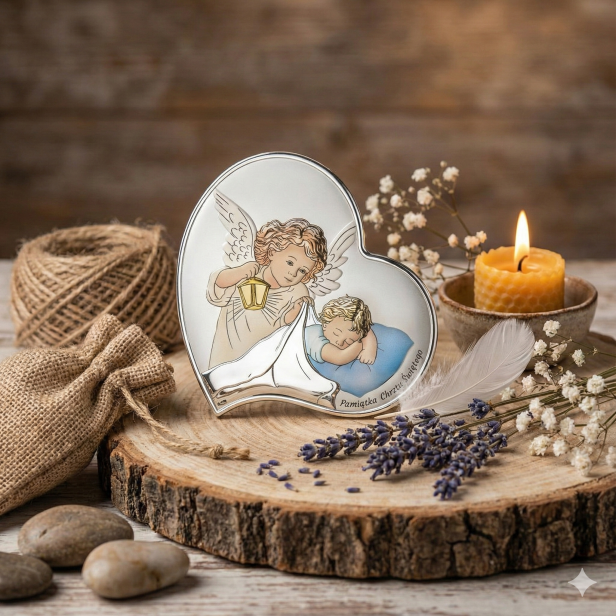Srebrny obrazek w kształcie serca z Aniołem Stróżem nad dzieckiem – wersja niebieska.
