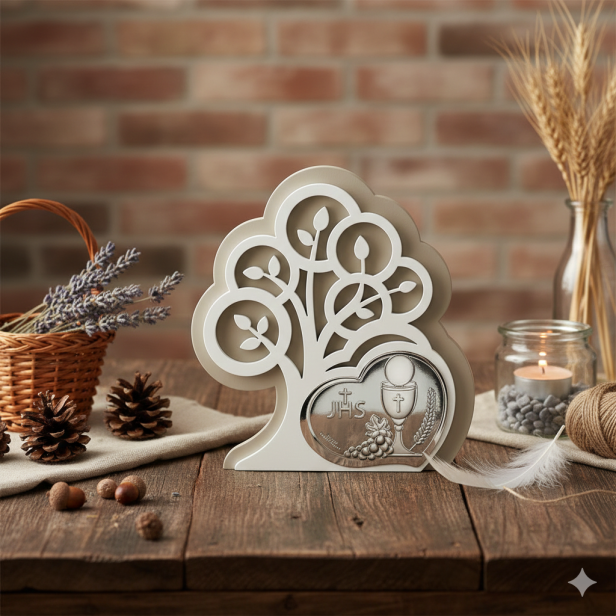 Obrazek srebrny na Komunię – Drzewo Życia 14×15,5 cm | SILVER COMMUNIO™ w aranzacji