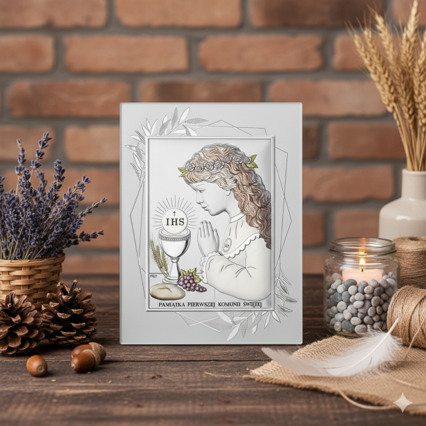 Pamiątka I Komunii Świętej - obrazek srebrny dla dziewczynki w aranżacji